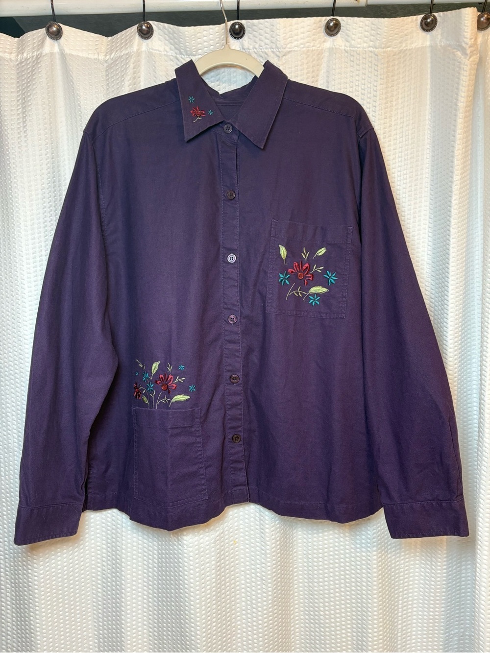 CJ Banks Purple Button Down Long Sleeve Blouse Floral Embroidery Linen Cotton 1X